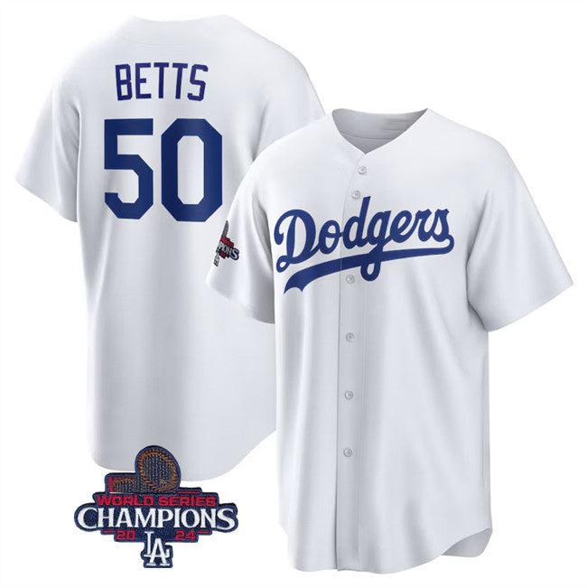 Boles Los Angeles Dodgers #50 Mookie Betts White  2024 World Series Champions Cool Base Stitched Jersey