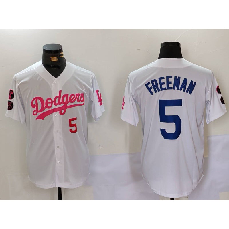 Boles Los Angeles Dodgers #5 Freddie Freeman White Pink  Vin & Kobe Patch Stitched Jerseys