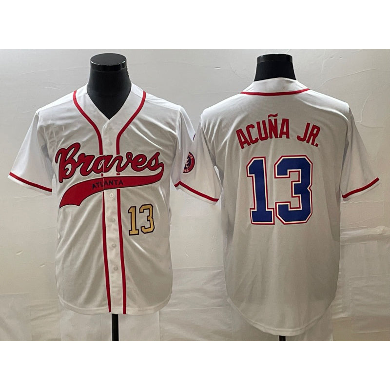 Boles Atlanta Braves #13 Ronald Acuna Jr Number White  Cool Base With Patch Stitched Jersey