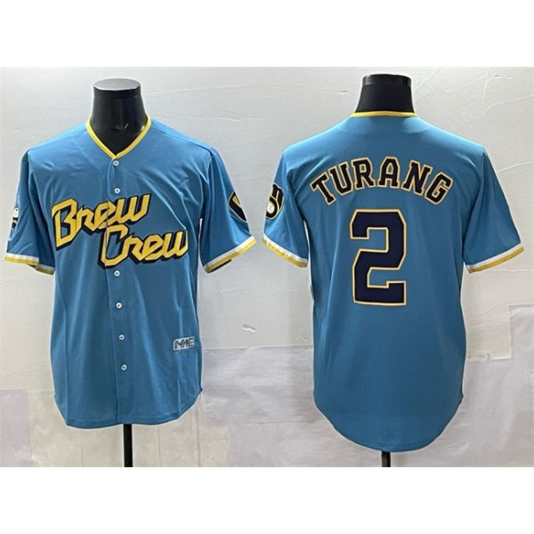 Boles    Milwaukee Brewers #2 Brice Turang Powder Blue  City Connect Cool Base Stitched Jersey
