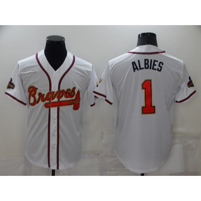 Boles Atlanta Braves #1 Ozzie Albies 2022 White Gold  World Series Champions Program Cool Base Stitched Jersey