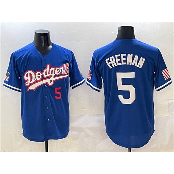 Boles Los Angeles Dodgers #5 Freddie Freeman Royal  With American Flag Patch Limited Stitched Jersey