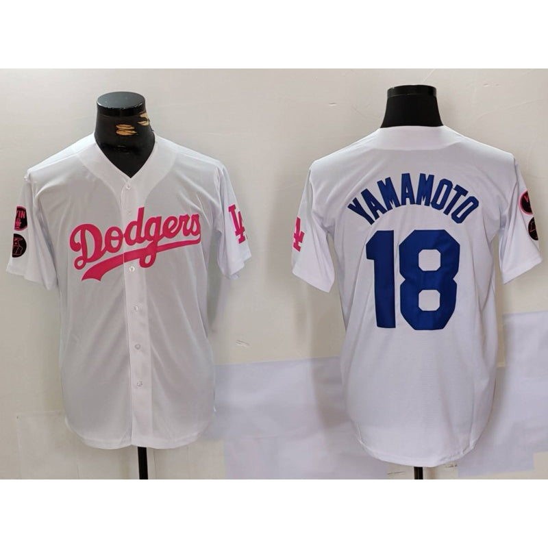 Boles Los Angeles Dodgers #18 Yoshinobu Yamamoto White Pink  Vin & Kobe Patch Stitched Jersey1