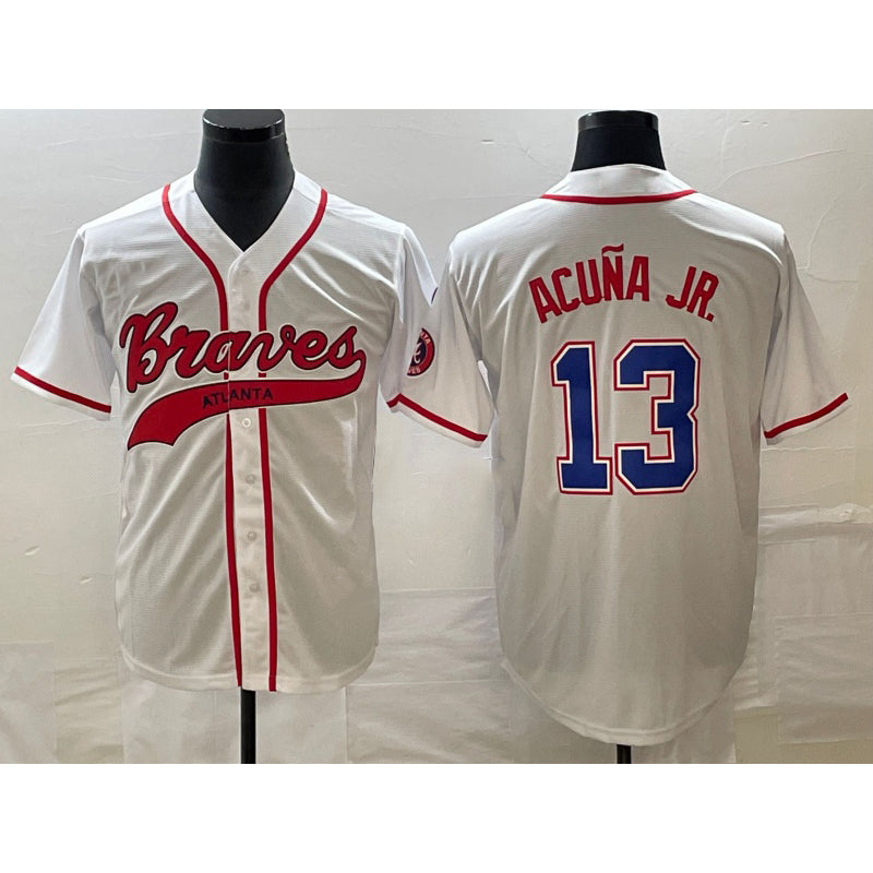 Boles Atlanta Braves #13 Ronald Acuna Jr White  Cool Base With Patch Stitched Jersey