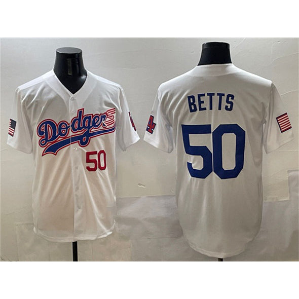 Boles Los Angeles Dodgers #50 Mookie Betts White  With American Flag Patch Limited Stitched Jersey